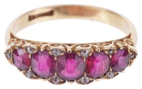 An attractive Victorian style five stone ruby and diamond half hoop ringthe slightly graduated