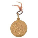 A small Continental 18ct gold 'In Tempestate Securitas Georgius Equitim Patronus' medallion one side