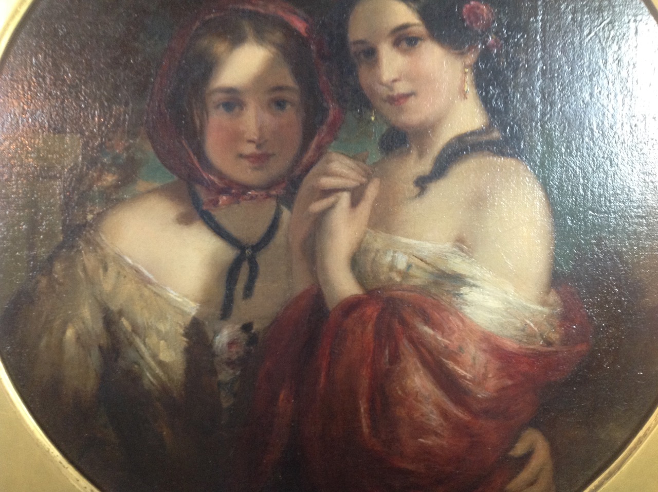Early Victorian oil on canvas in the round 'Two girls' - Image 7 of 10