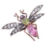 A delightful early Victorian diamond and gem wasp cliphaving pink topaz set thorax and peridot to