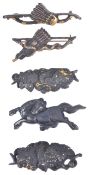 A collection of five Japanese bronze menukeone of a prancing horse with gold detail and with