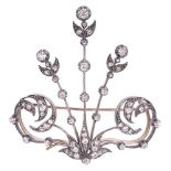 A Victorian diamond set aigrette brooch of stylised foliate design having three central diamond