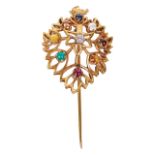An eastern diamond and gem set hinged turban pin the pierced and shaped stylised foliate pin set