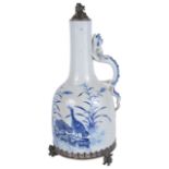 A 19th century Chinese blue and white porcelain dragon handled ewerhaving fitted Chinese silver base