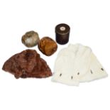 Two vintage fur capes, hat and muffthe former brown short cape with marcasite fastener, the second a