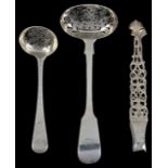 A Victorian silver sifter spoonhallmarked London 1858, with pierced bowl by H J Lias & Sons, togther