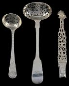 A Victorian silver sifter spoonhallmarked London 1858, with pierced bowl by H J Lias & Sons, togther