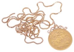 An Edward VII, 1910, fine gold half sovereignhaving soldered pendant fitting and suspended from