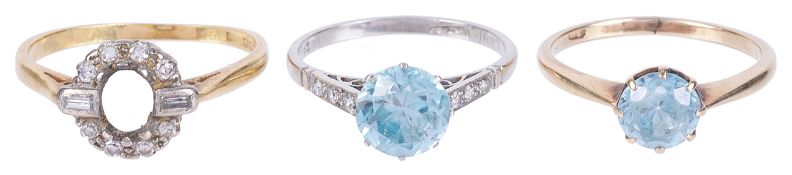 A delicate early 20th century blue zircon and diamond set ring,the single blue zircon in white metal