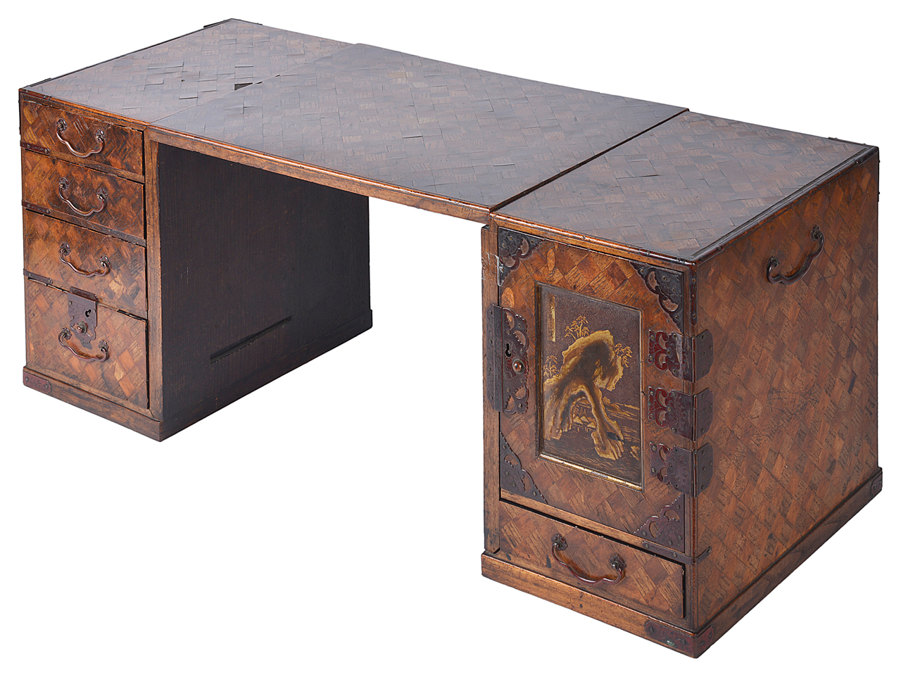 A late 19th century Japanese Hakone wear parquetry miniature desk or cabinetone side with cupboard