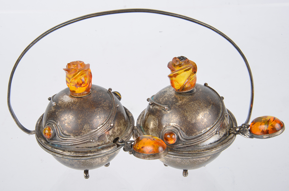 A Polish silver twin cruet suite, late 20th centuryeach of joined circular bowl form with joined - Image 2 of 2