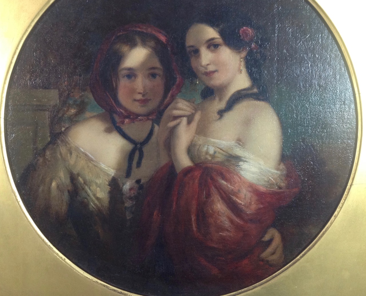 Early Victorian oil on canvas in the round 'Two girls' - Image 5 of 10