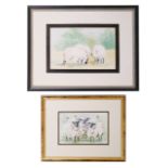 A collection of six framed watercolours initialled RJM, three of sheep, two of floral sprays