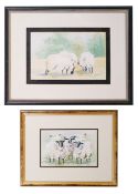 A collection of six framed watercolours initialled RJM, three of sheep, two of floral sprays
