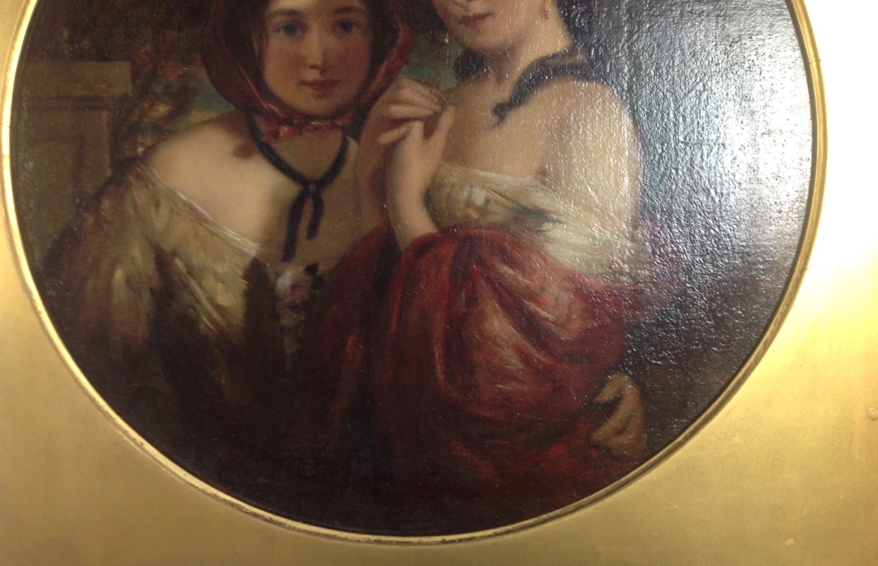 Early Victorian oil on canvas in the round 'Two girls' - Image 4 of 10