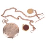 A 9ct rose gold curb link watch Albert chain with gold half sovereign fob and a 15ct gold hard stone