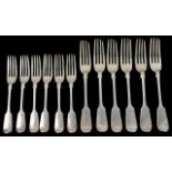 A collection of Victorian silver dessert and table forkssix fiddle pattern forks hallmarked London