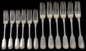 A collection of Victorian silver dessert and table forkssix fiddle pattern forks hallmarked London