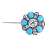 A large attractive early Victorian diamond and turquoise set floral cluster pinconverted to and from