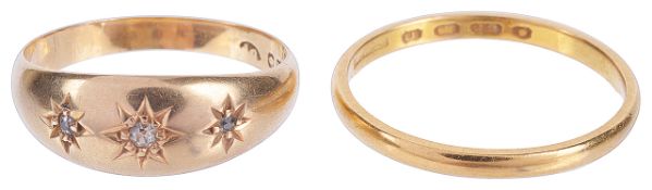 A Victorian three stone diamond set gypsy ringthe 18ct gold mount, 'star' set with three small