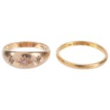 A Victorian three stone diamond set gypsy ringthe 18ct gold mount, 'star' set with three small