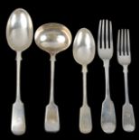 A selection of Victorian silver fiddle pattern flatwaresix table forks hallmarked London 1840