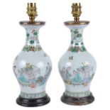 A pair of Chinese 19th century famille verte baluster vases converted to lampspainted with a