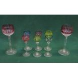 SET OF SIX MULTICOLOURED STEMMED LIQUOR GLASSES AND TWO LARGER STEMMED COLOURED HOCK GLASSES