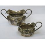 HALLMARKED SILVER REPOUSSE DECORATED MILK JUG AND SUGAR BOWL,