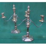 PAIR OF SILVER PLATED THREE SCONCE CANDELABRA,