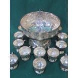 VINERS SILVER PLATED AND REPOUSSE DECORATED PUNCH BOWL WITH LADLE AND CUPS