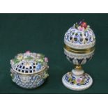 DRESDEN HANDPAINTED AND GILDED FLORAL DECORATED PIERCEWORK POT-POURRI POT WITH COVER PLUS ANOTHER