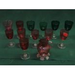 PARCEL OF CRANBERRY COLOURED GLASSES AND GREEN COLOURED GLASSES