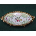 LIMOGES HANDPAINTED AND GILDED FLORAL DECORATED OVAL SHALLOW DISH WITH GILT METAL GALLERY AND