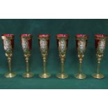 SET OF SIX HEAVILY GILDED RUBY COLOURED GLASS GOBLETS