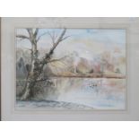 FRAMED WATERCOLOUR DEPICTING A RIVERSIDE SCENE, APPROXIMATELY 51cm x 70.