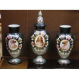 VICTORIAN STYLE HANDPAINTED AND GILDED GLASS STORAGE JAR WITH COVER AND TWO SIMILAR VASES