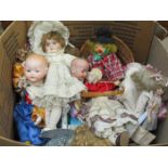 TWO PORCELAIN DOLL HEADS PLUS QUANTITY OF VARIOUS SOUVENIR DOLLS AND PELHAM PUPPET