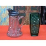 PEWTER TOPPED GLASS WATER JUG AND DECORATIVE GREEN GLASS VASE