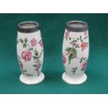 PAIR OF LOWESTOFT PEWTER MOUNTED CERAMIC VASES,