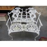 PAIR OF PAINTED CAST METAL TWO SEATED GARDEN CHAIRS