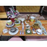 MIXED LOT OF SUNDRIES INCLUDING CERAMICS, TWO ASHTRAYS AND PLATED TEAPOT, ETC.