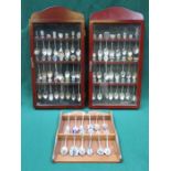 TWO GLAZED DISPLAY CASES CONTAINING COMMEMORATIVE SPOONS PLUS ANOTHER DISPLAY STAND CONTAINING