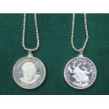 TWO COMMEMORATIVE COIN PENDANTS ON 925 SILVER CHAINS