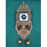 REPRODUCTION OAK CASED WALL CLOCK WITH BRASS PLUM WEIGHTS