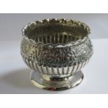 VICTORIAN HALLMARKED SILVER REPOUSSE DECORATED SUGAR BOWL ON STEMMED SUPPORT,