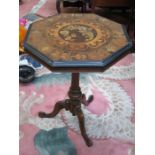 DUTCH MARQUETRY INLAID ON ROSEWOOD TILT TOP SIDE TABLE ON TRIPOD SUPPORTS