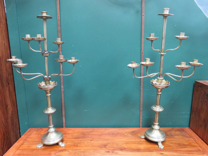 PAIR OF EIGHT SCONCE BRASS CANDELABRAS