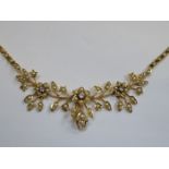 PRETTY UNHALLMARKED YELLOW METAL LADIES FLORAL NECKLACE SET WITH DIAMONDS AND PEARLS