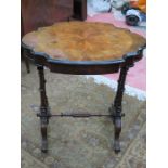 ANTIQUE WALNUT VENEERED AND STRING INLAID SHAPED TOPPED JEWELLERY TABLE WITH FITTED INTERIOR